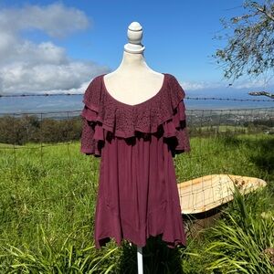 Free People Rush For Ruffles Romper Burgundy Rose lace XS